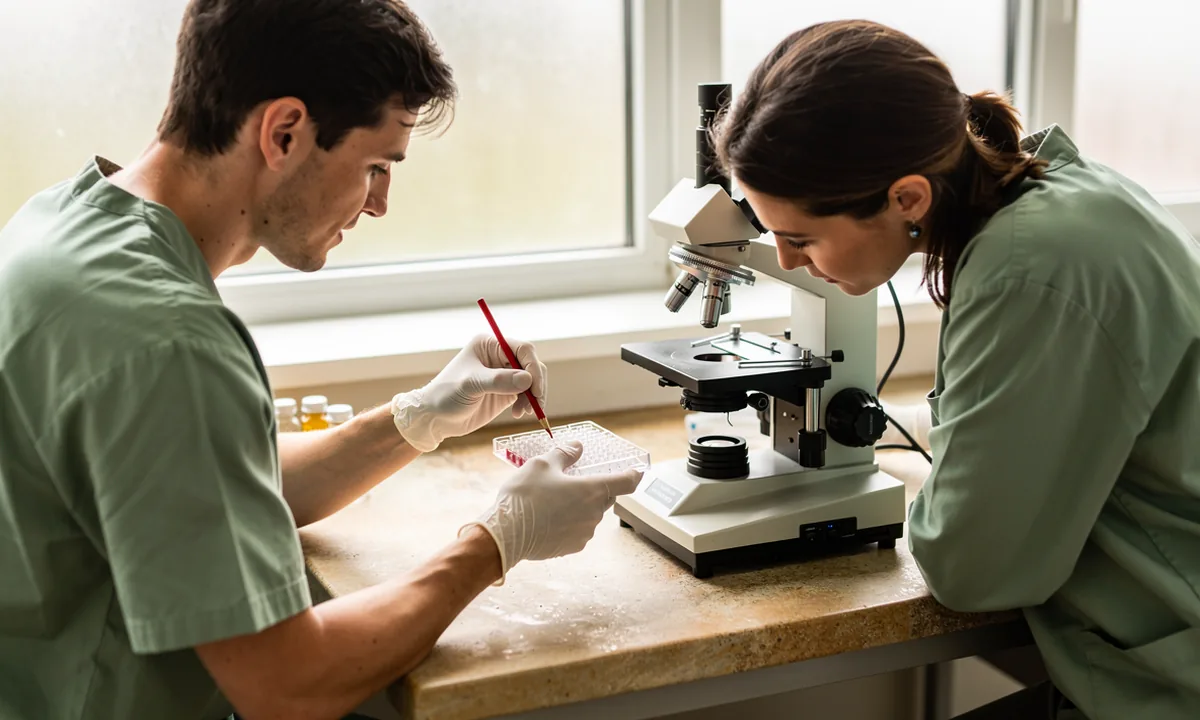 Two technicians compare a small assay plate beside a microscope at a sunlit laboratory bench