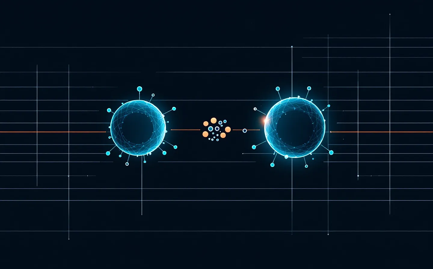 Abstract cool-slate dual GIP and GLP-1 receptor diagram with teal signal lines converging and one sunset-orange active node on a dark editorial canvas