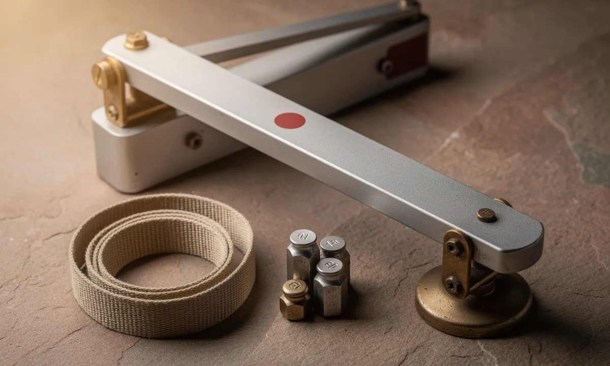 A plain beam balance, calibration weights and a loose measuring tape on a stone-colored work surface