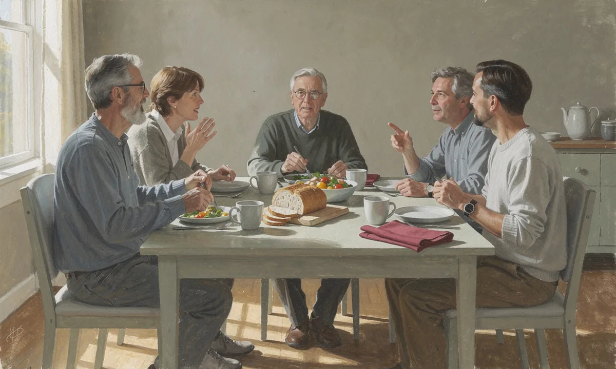 People talk over a simple lunch in a muted-color dining room with daylight across the table
