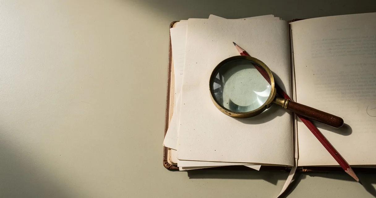 Loose paper sheets, a red pencil and a brass magnifying glass on a putty-colored reading table